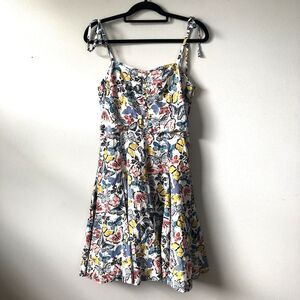 LL Bean Signature Dress 8 Fit And Flare Butterfly Print Bow Shoulder Artsy Girly